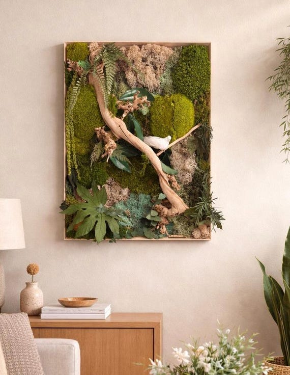 Cadre végétal en mousse stabilisée avec éclairage LED – Tableau mural nature en bois, décoration murale verdure, cadeau original fait main