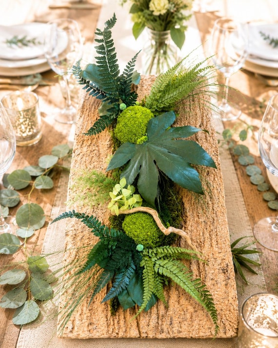 Centre de table végétal stabilisé 60x30 cm– Décoration mariage naturelle– Composition végétale bohème chic– Ecorce et mousse stabilisée
