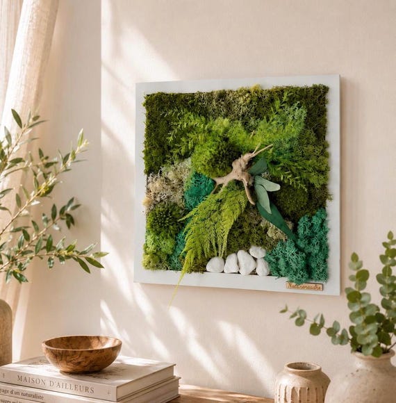 Cadre végétal stabilisé 30x30 cm – Art végétal naturel mural – Décoration zen et moderne