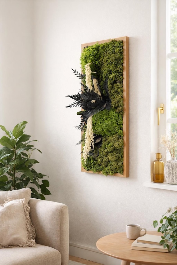 Cadre végétal stabilisé mural– Tableau végétal naturel en mousse et feuillages– Décoration murale végétale sans entretien