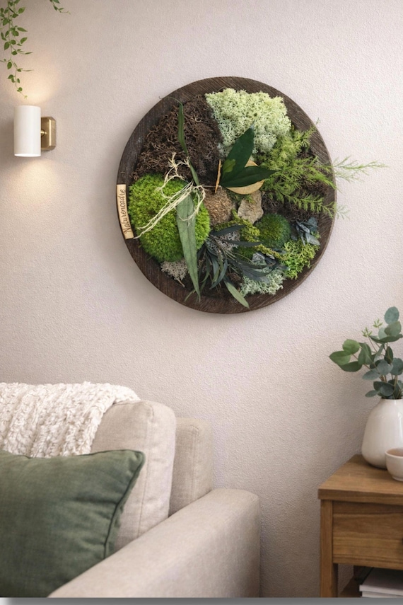 Cadre végétal rond 28 cm – Décoration murale naturelle en mousse stabilisée  – Déco murale nature bohème
