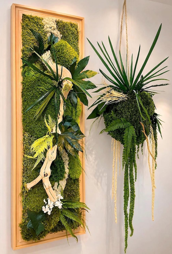 Cadre végétal mural grand format – Caisse américaine – Œuvre végétale verticale 100 cm – Décoration murale nature chic