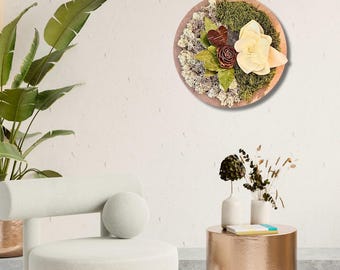 Round plant frame made of stabilized flowers and moss – Unique natural wall decoration – Plant elegance for a Zen interior