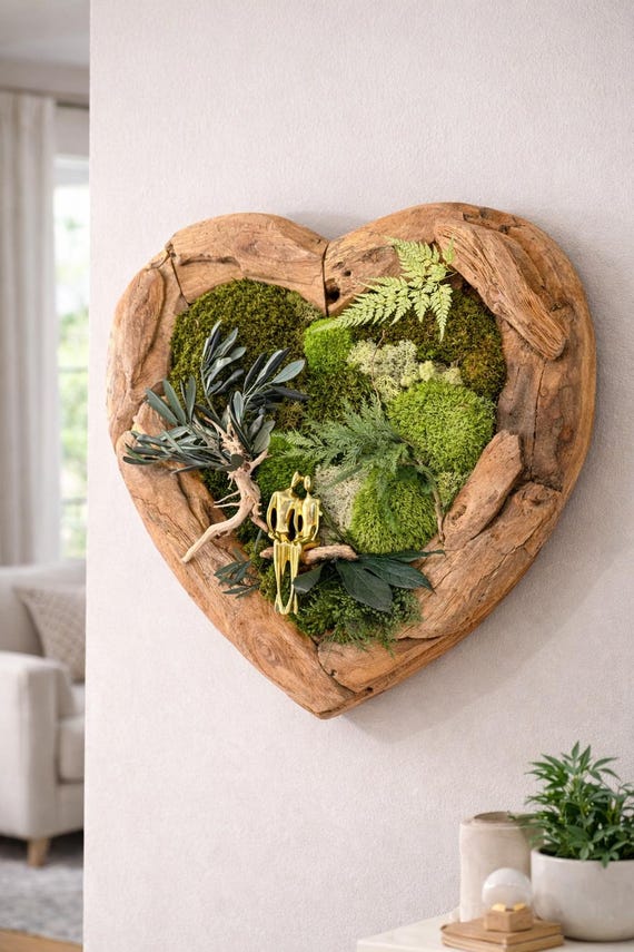 Cadre végétal cœur en teck massif – Décoration murale naturelle luxe – Mousse stabilisée et feuillage – Cadeau amour unique