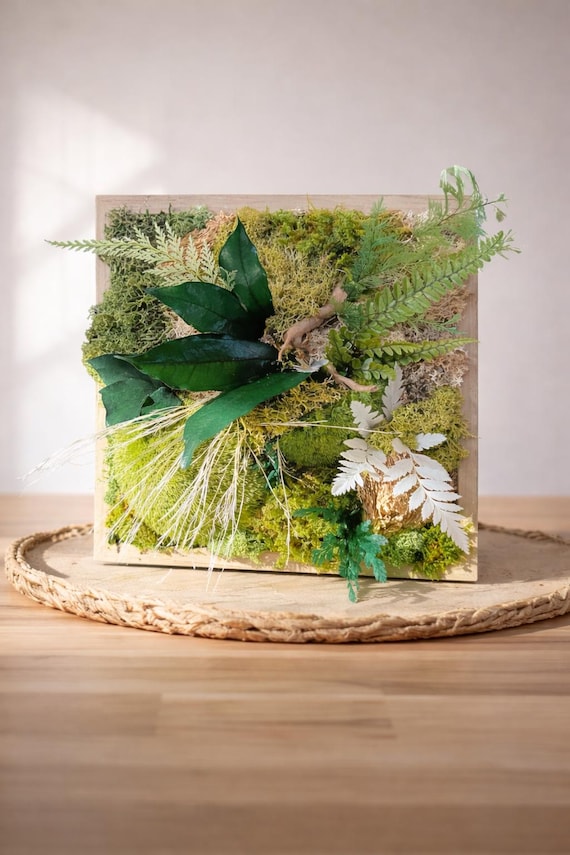 Cadre végétal stabilisé – Décoration murale naturelle en mousse stabilisée et feuillages naturels– Art végétal fait main sans entretien