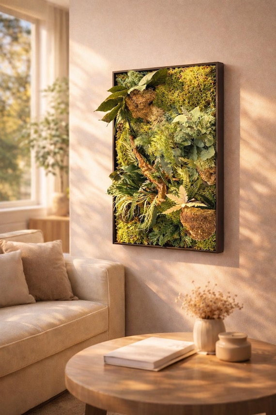 Cadre végétal stabilisé mural design – Tableau de mousse & feuillages naturels – Décoration murale artisanale en bois – Jardin vertical inté