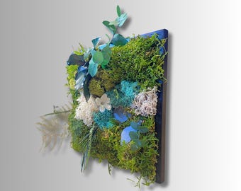 Cadre végétal stabilisé avec mousse, eucalyptus et jasmin naturel – Décoration murale naturelle artisanale – Tableau végétal fait main