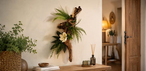 Décoration murale végétale sur bois de mopani | Tableau végétal stabilisé 41x20 cm- pièce unique