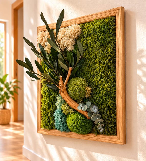 Cadre végétal stabilisé olivier – Décoration murale naturelle bois et mousse – Tableau végétal vertical bohème zen – Art végétal fait main