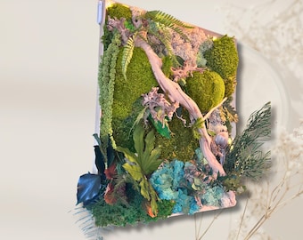 Cadre végétal en mousse stabilisée avec éclairage LED – Tableau mural nature en bois, décoration murale verdure, cadeau original fait main