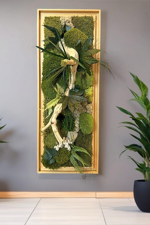 Cadre végétal mural grand format – Caisse américaine – Œuvre végétale verticale 100 cm – Décoration murale nature chic