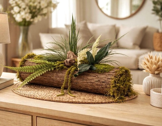 Jardinière stabilisée naturelle – Centre de table végétal en écorce, mousse et feuillages - Décoration intérieure durable –