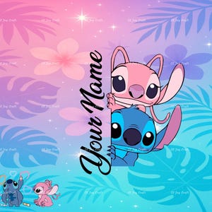 May include: A colorful digital illustration featuring the characters Stitch and Angel from Lilo & Stitch. The background is a gradient of pink and blue with floral and leaf patterns. The text "Your Name" is written vertically.