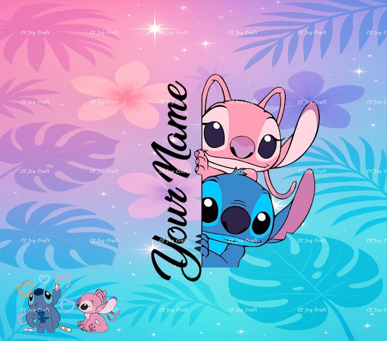 May include: A colorful digital illustration featuring the characters Stitch and Angel from Lilo & Stitch. The background is a gradient of pink and blue with floral and leaf patterns. The text "Your Name" is written vertically.