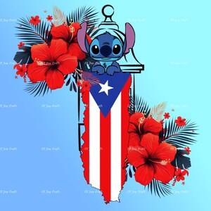 May include: A blue cartoon character with large ears peeks over a Puerto Rican flag design. Red hibiscus flowers and dark green palm leaves surround the flag. The background is a light blue gradient.