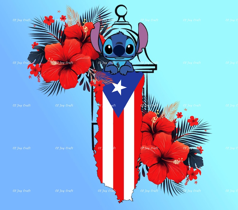 May include: A blue cartoon character with large ears peeks over a Puerto Rican flag design. Red hibiscus flowers and dark green palm leaves surround the flag. The background is a light blue gradient.