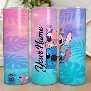 May include: Three 20 oz. stainless steel tumblers with a colorful design. The tumblers feature a gradient of pink, purple, and blue with tropical leaves and cartoon characters. One tumbler has the text "Your Name".