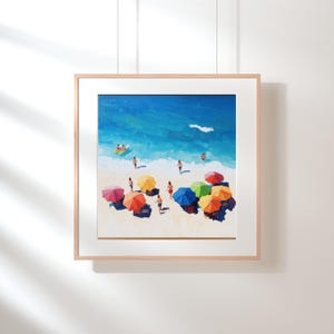 Digital Beach Oil Painting Print – Coastal Wall Art with People on the Beach | Seaside Summer Decor | Ocean Landscape Instant Download