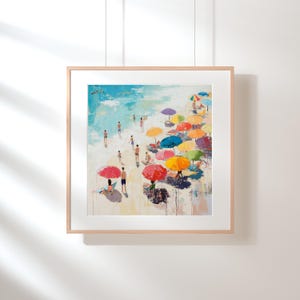Digital Beach Oil Painting Print – Coastal Wall Art with People on the Beach | Seaside Summer Decor | Ocean Landscape Instant Download