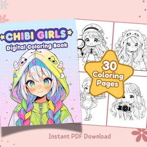 Kawaii Coloring Pages, Chibi Girls, Easy Coloring Pages, Adult Coloring Book, Printable PDF, Coloring Picture, Stress Relief, Aesthetic