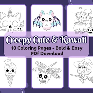 Kawaii Coloring Pages, Pastel Goth Coloring Sheets, Halloween, Printable PDF, Creepy Coloring Page, Easy Coloring Pages, Adult Coloring Book