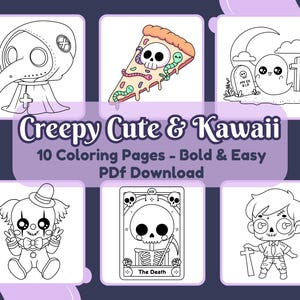 Kawaii Coloring Pages, Creepy Pastel Goth Printable PDF, Fun Stress Relief for Adults, Perfect Gift for Halloween Enthusiasts