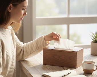 Puede incluir: Un dispensador de pañuelos de madera rectangular con un acabado de vetas de madera natural. Una persona alcanza un pañuelo. Un cuaderno, un bolígrafo y una taza también están sobre la mesa.
