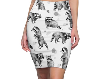 Feral Raccoon Print Pencil Skirt | Black White Animal Pattern
