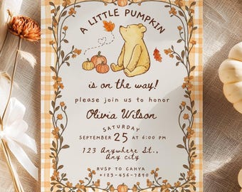 A Little Pumpkin is on the Way Baby Shower Invitation, Winnie the Pooh Fall Baby Shower Invite, Pooh Autumn Baby Shower Canva Template