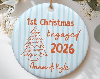 Personalized First Christmas Engaged Porcelain Ornament with Gift Box, Newly Engaged Couple's Gift, Striped Ornament,  Retro Ornament