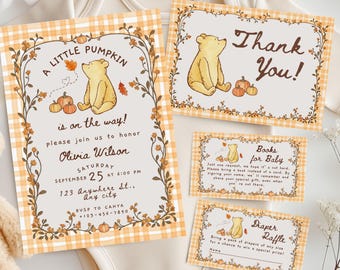 A Little Pumpkin is on the Way Baby Shower Invitation Bundle, Winnie the Pooh Fall Baby Shower Invite, Pooh Autumn Canva Template