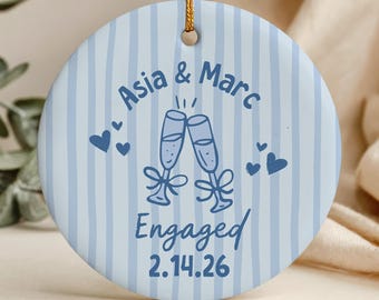 Engaged Ornament, First Christmas Engaged Porcelain Ornament with Gift Box, Newly Engaged Couple's Gift, Striped Ornament Champagne Glasses