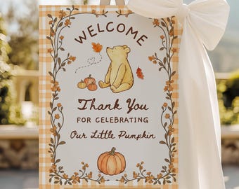 A Little Pumpkin is on the way Baby Shower Welcome Sign,  Winnie the Pooh Baby Shower Sign for Fall, Autumn Baby Shower Canva Template