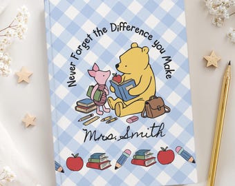 Personalized Teacher Journal, Custom Teacher Appreciation Gift for Back to School, Gingham Winnie the Pooh Hardcover Quote Journal