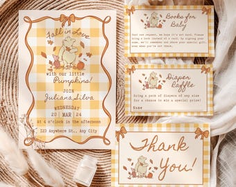 Fall Winnie the Pooh Baby Shower Bundle, Invitation Gender Neutral Yellow, Editable Canva Template
