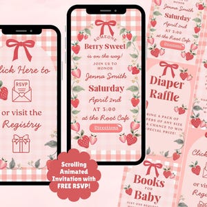 Może przedstawiać: Cyfrowe zaproszenia na baby shower na smartfonach i kartach. Zaproszenia mają różowe tło w kratkę, truskawki i tekst "Berry Sweet" oraz "Books for Baby".