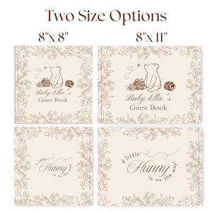 May include: Two guest books in 8"x 8" and 8"x 11" sizes. The covers feature a beige background with brown line art of a bear, honey pots, and floral borders. Text reads "Baby Ellie's Guest Book" and "a little Hunny is on the way!" in script.