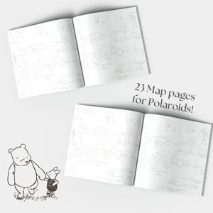 May include: Two open books displaying illustrated maps of the Hundred Acre Wood in black and white line art. A small illustration of Winnie the Pooh and Piglet walking together is in the bottom left corner. Text reads: 23 Map pages for Polaroids!