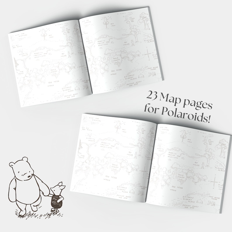 May include: Two open books displaying illustrated maps of the Hundred Acre Wood in black and white line art. A small illustration of Winnie the Pooh and Piglet walking together is in the bottom left corner. Text reads: 23 Map pages for Polaroids!