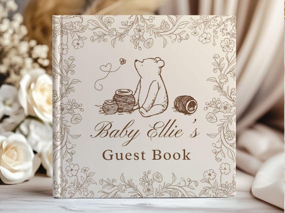 Personalized Baby Shower Guest Book, Winnie the Pooh Toile De Jouy, Polaroid Guest Book Alternative Monotone Classic Pooh Hundred Acre Wood