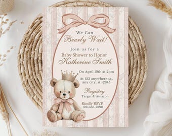 We Can Bearly Wait Baby Shower Invitation, Pink Teddy Bear Baby Shower,  Invitation Template with Mobile Evite, Bear Baby Shower for Girl