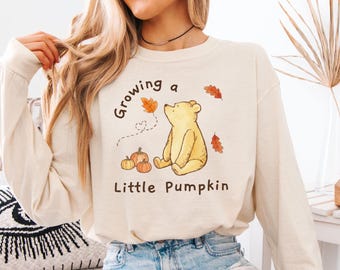 Growing a little Pumpkin Fall Pregnancy Announcement Shirt, Comfort Colors Long Sleeve Winnie the Pooh Shirt for Autumn