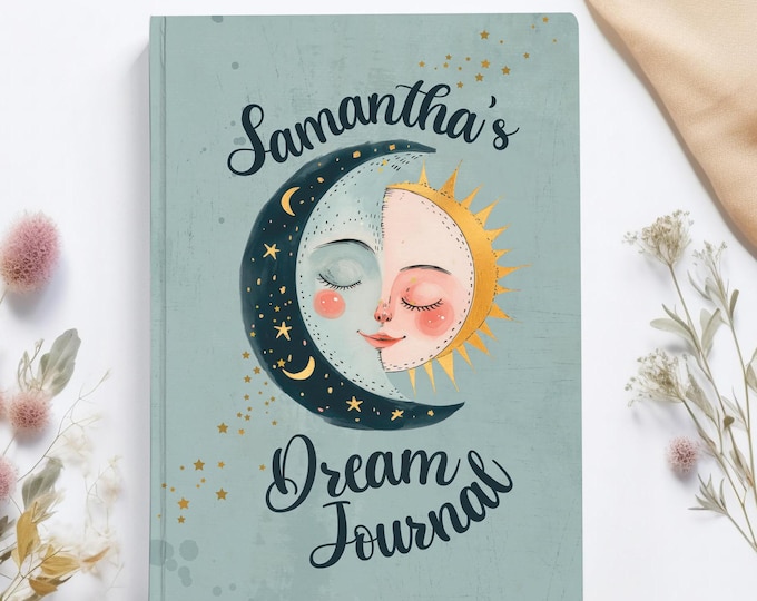 Personalized Dream Journal, Customized Sun, Moon and Stars Name Journal, Unique Gift, Peach Pink, Blue, Yellow