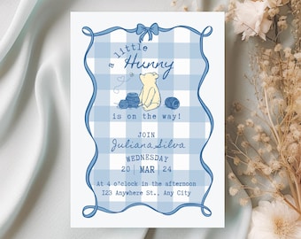 Winnie the Pooh Baby Shower Invitation, A Little Hunny Blue Gingham Template for Canva, Classic Pooh Invitation Template with Mobile Evite