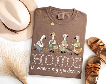 Homebody Gardening T-Shirt, Funny Garden Goose Shirt, Plant Lover Gift, Grannycore Crossstitch Garden Lover Tee, Home is Where t shirt
