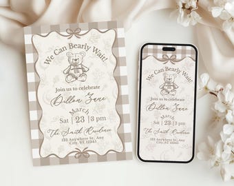 Teddy Bear Baby Shower Invitation, We Can Bearly Wait Baby Shower,  Invitation Template with Mobile Evite, Boho Baby Shower Gender Neutral