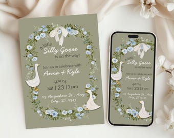 Boy Silly Goose Baby Shower Invitation Blue, Editable Canva Template, Mobile Evite Little Silly Goose