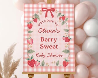 Berry Sweet Baby Baby Shower Welcome Sign, Pink Gingham Strawberry Baby Shower Decor, Canva Editable Template