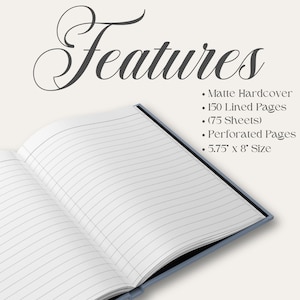 May include: Open notebook with lined pages. The notebook has a matte hardcover, 150 lined pages (75 sheets), and perforated pages. The size is 5.75" x 8". The word "Features" is at the top.