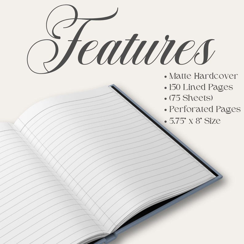 May include: Open notebook with lined pages. The notebook has a matte hardcover, 150 lined pages (75 sheets), and perforated pages. The size is 5.75" x 8". The word "Features" is at the top.